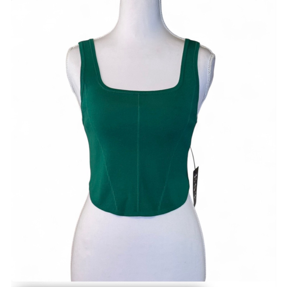 💚New In Green Ribbed Crop Tank Top Square Neck Stretch Size M